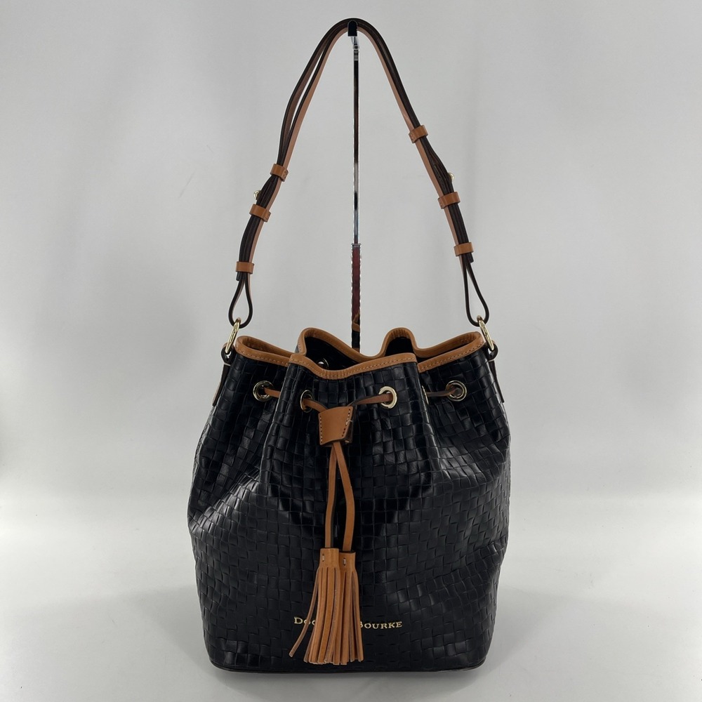 Dooney & Bourke Drawstring Bag Woven Look Embossed Leather Black & Caramel Trim